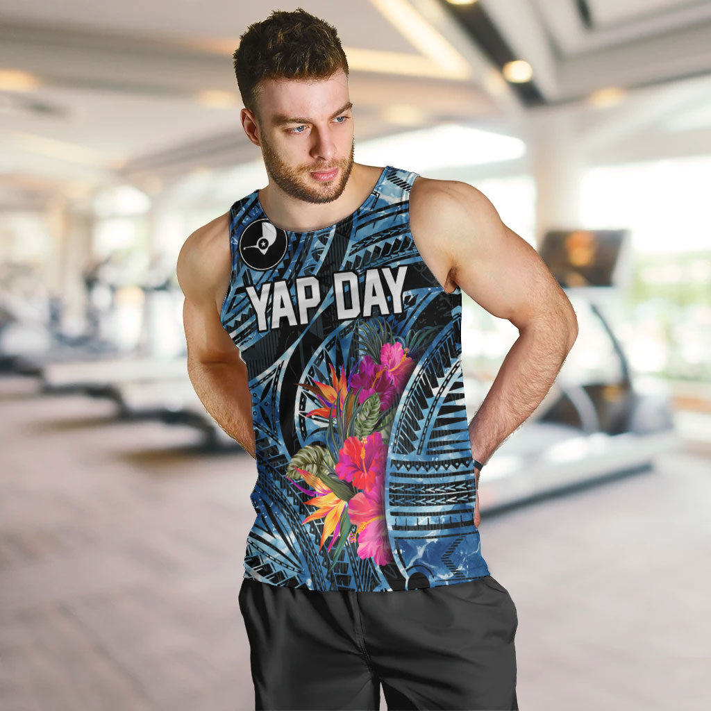 Yap Day Island Floral Tribal Heritage Men Tank Top Micronesian Hibiscus Pattern Polynesian Tattoo Blue Art TS04 Black Blue - Polynesian Pride