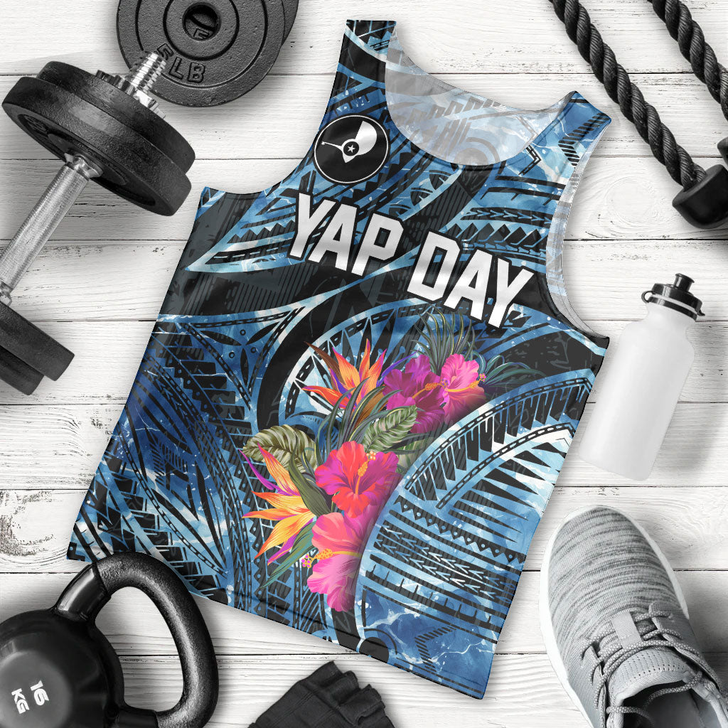 Yap Day Island Floral Tribal Heritage Men Tank Top Micronesian Hibiscus Pattern Polynesian Tattoo Blue Art