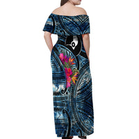 Yap Day Island Floral Tribal Heritage Off Shoulder Maxi Dress Micronesian Hibiscus Pattern Polynesian Tattoo Blue Art