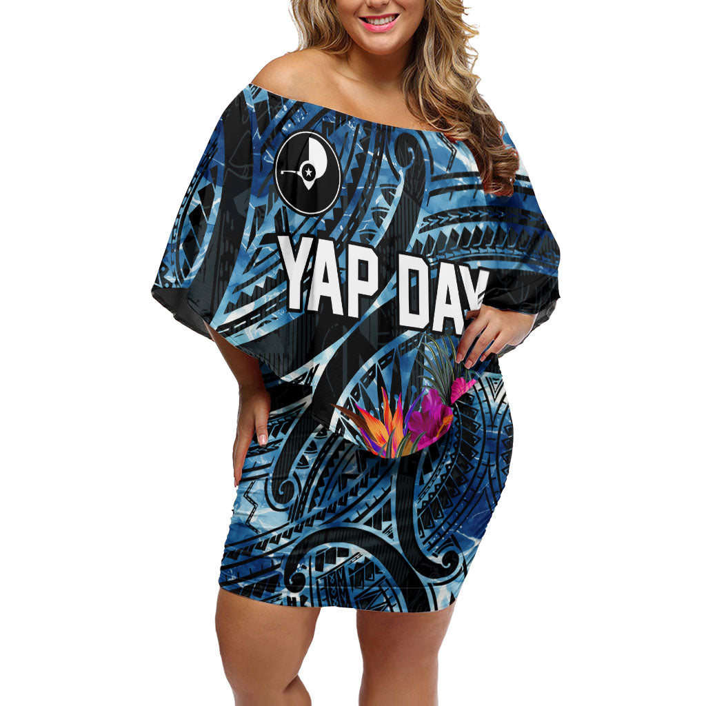 Yap Day Island Floral Tribal Heritage Off Shoulder Short Dress Micronesian Hibiscus Pattern Polynesian Tattoo Blue Art