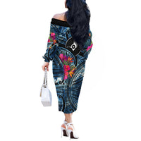 Yap Day Island Floral Tribal Heritage Off The Shoulder Long Sleeve Dress Micronesian Hibiscus Pattern Polynesian Tattoo Blue Art