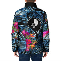 Yap Day Island Floral Tribal Heritage Padded Jacket Micronesian Hibiscus Pattern Polynesian Tattoo Blue Art