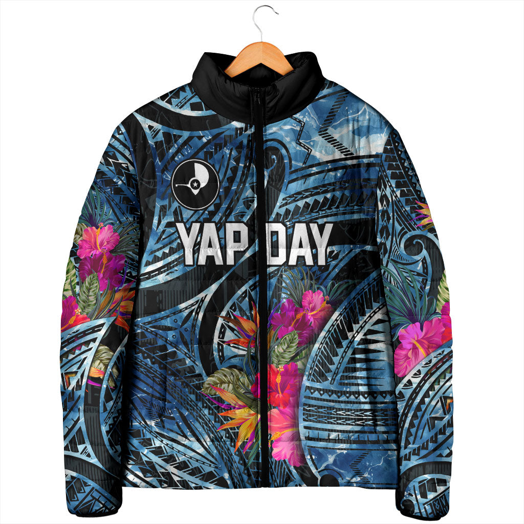 Yap Day Island Floral Tribal Heritage Padded Jacket Micronesian Hibiscus Pattern Polynesian Tattoo Blue Art