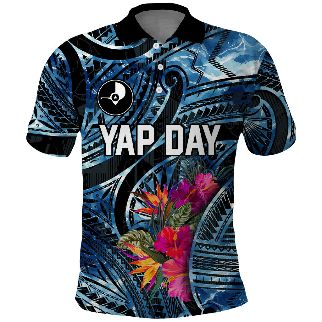 Yap Day Island Floral Tribal Heritage Polo Shirt Micronesian Hibiscus Pattern Polynesian Tattoo Blue Art TS04 Black Blue - Polynesian Pride