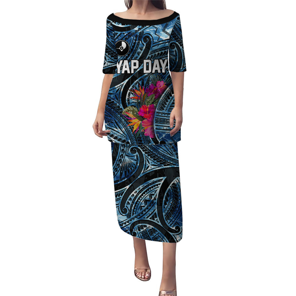 Yap Day Island Floral Tribal Heritage Puletasi Micronesian Hibiscus Pattern Polynesian Tattoo Blue Art