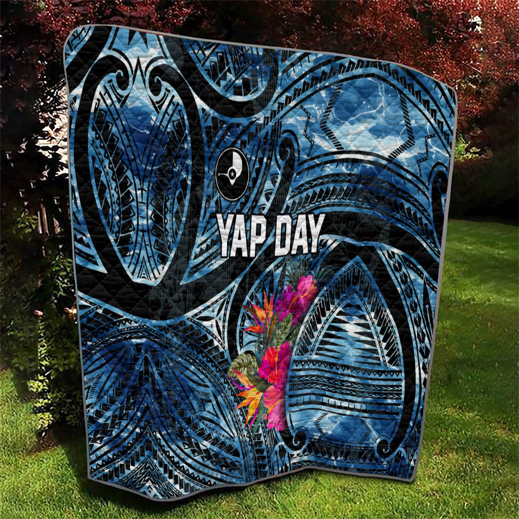 Yap Day Island Floral Tribal Heritage Quilt Micronesian Hibiscus Pattern Polynesian Tattoo Blue Art