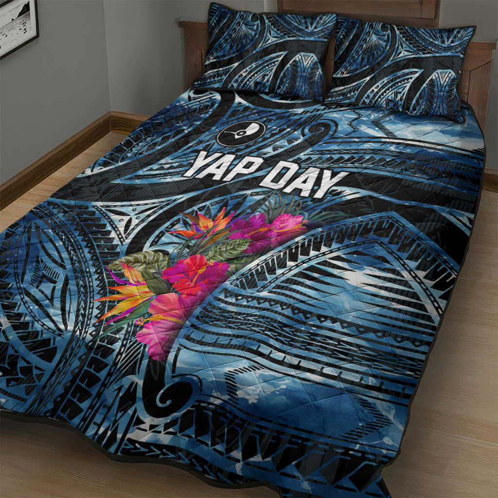 Yap Day Island Floral Tribal Heritage Quilt Bed Set Micronesian Hibiscus Pattern Polynesian Tattoo Blue Art