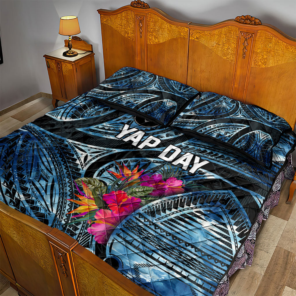 Yap Day Island Floral Tribal Heritage Quilt Bed Set Micronesian Hibiscus Pattern Polynesian Tattoo Blue Art