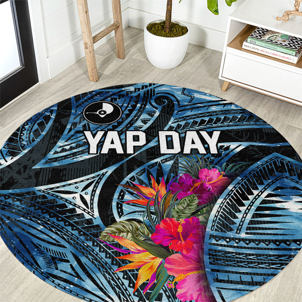 Yap Day Island Floral Tribal Heritage Round Carpet Micronesian Hibiscus Pattern Polynesian Tattoo Blue Art TS04 Black Blue - Polynesian Pride