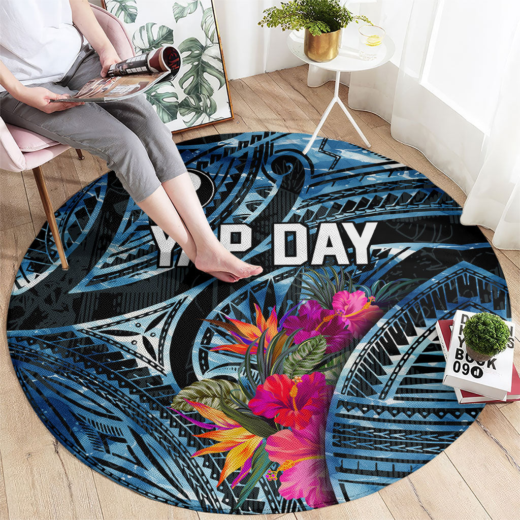 Yap Day Island Floral Tribal Heritage Round Carpet Micronesian Hibiscus Pattern Polynesian Tattoo Blue Art