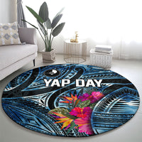 Yap Day Island Floral Tribal Heritage Round Carpet Micronesian Hibiscus Pattern Polynesian Tattoo Blue Art