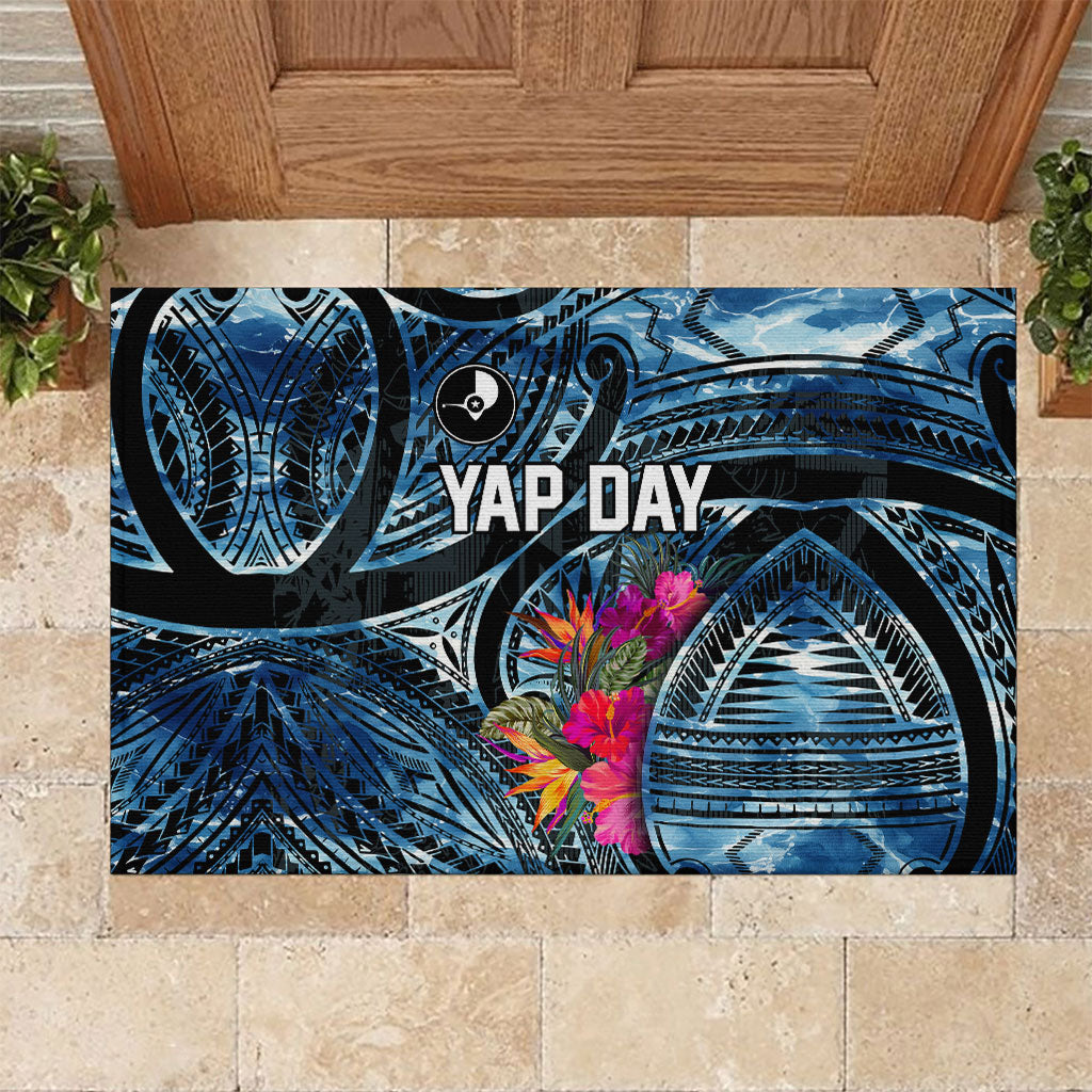 Yap Day Island Floral Tribal Heritage Rubber Doormat Micronesian Hibiscus Pattern Polynesian Tattoo Blue Art