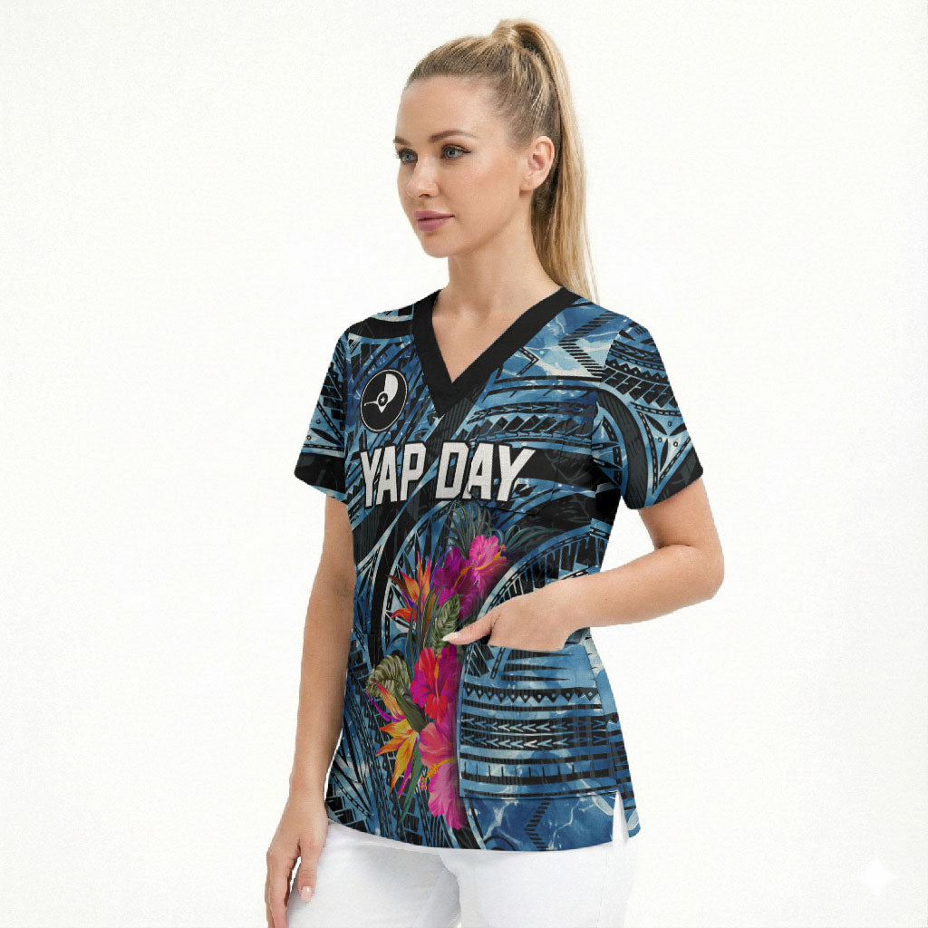 Yap Day Island Floral Tribal Heritage Scrub Top Micronesian Hibiscus Pattern Polynesian Tattoo Blue Art