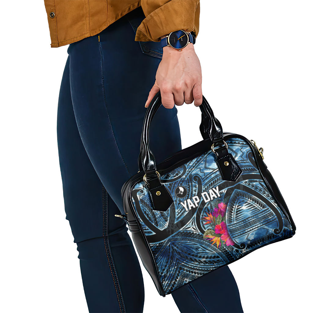 Yap Day Island Floral Tribal Heritage Shoulder Handbag Micronesian Hibiscus Pattern Polynesian Tattoo Blue Art