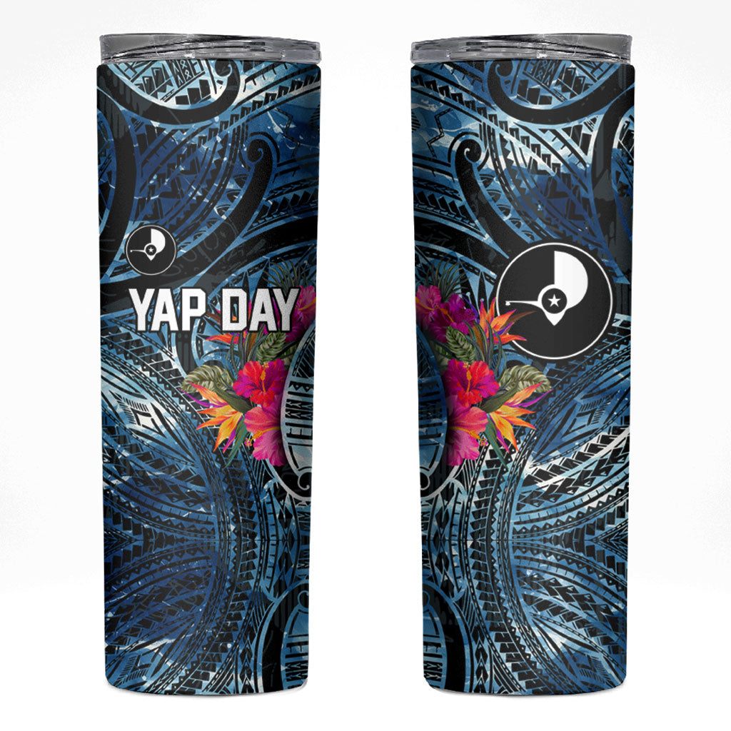 Yap Day Island Floral Tribal Heritage Skinny Tumbler Micronesian Hibiscus Pattern Polynesian Tattoo Blue Art TS04 Black Blue - Polynesian Pride