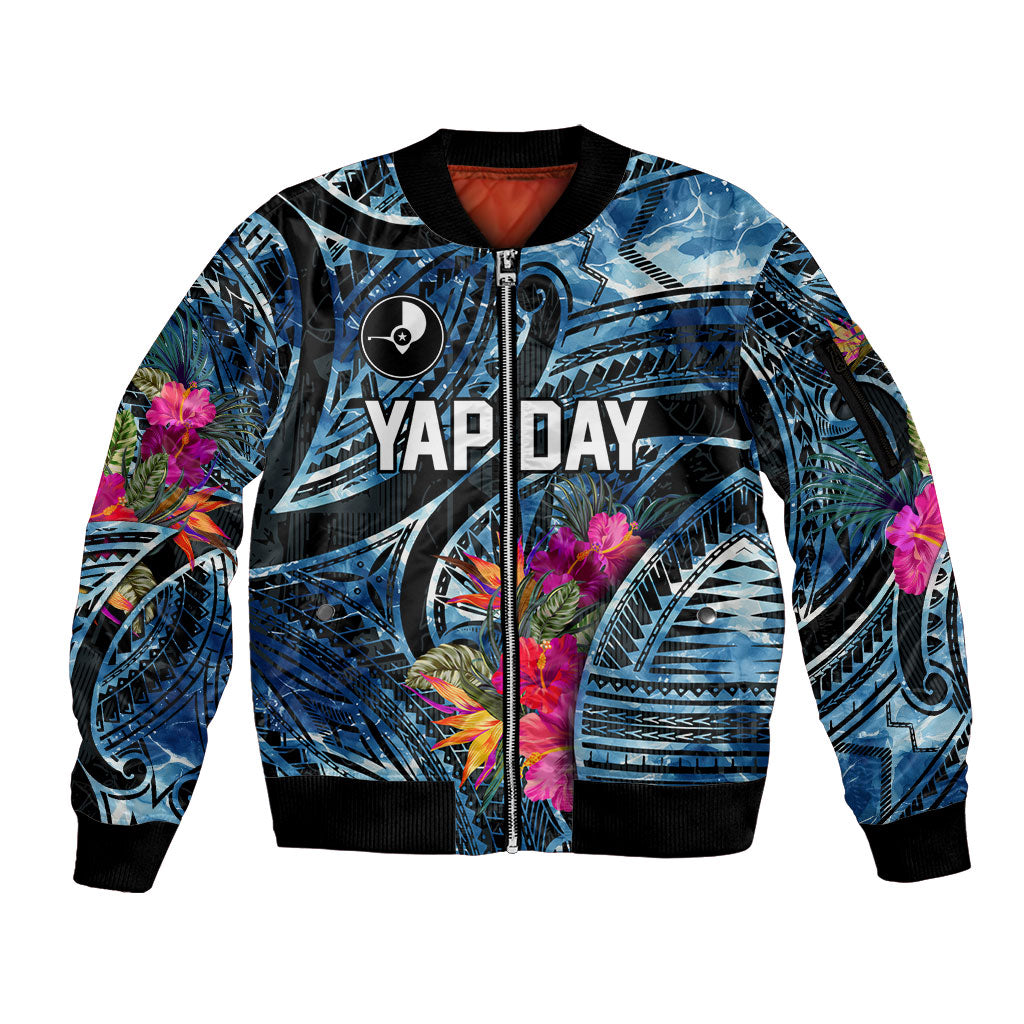 Yap Day Island Floral Tribal Heritage Sleeve Zip Bomber Jacket Micronesian Hibiscus Pattern Polynesian Tattoo Blue Art