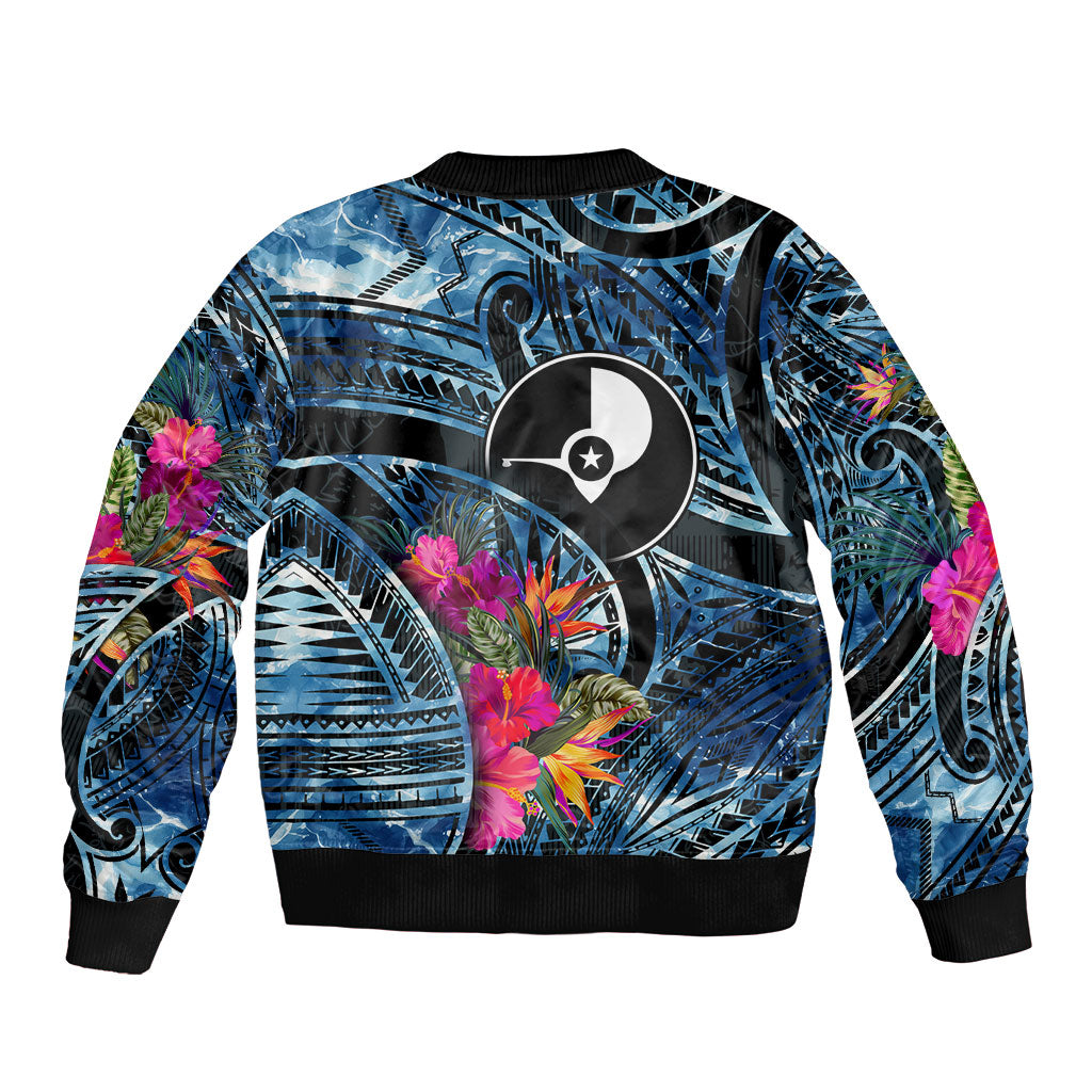 Yap Day Island Floral Tribal Heritage Sleeve Zip Bomber Jacket Micronesian Hibiscus Pattern Polynesian Tattoo Blue Art