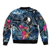 Yap Day Island Floral Tribal Heritage Sleeve Zip Bomber Jacket Micronesian Hibiscus Pattern Polynesian Tattoo Blue Art