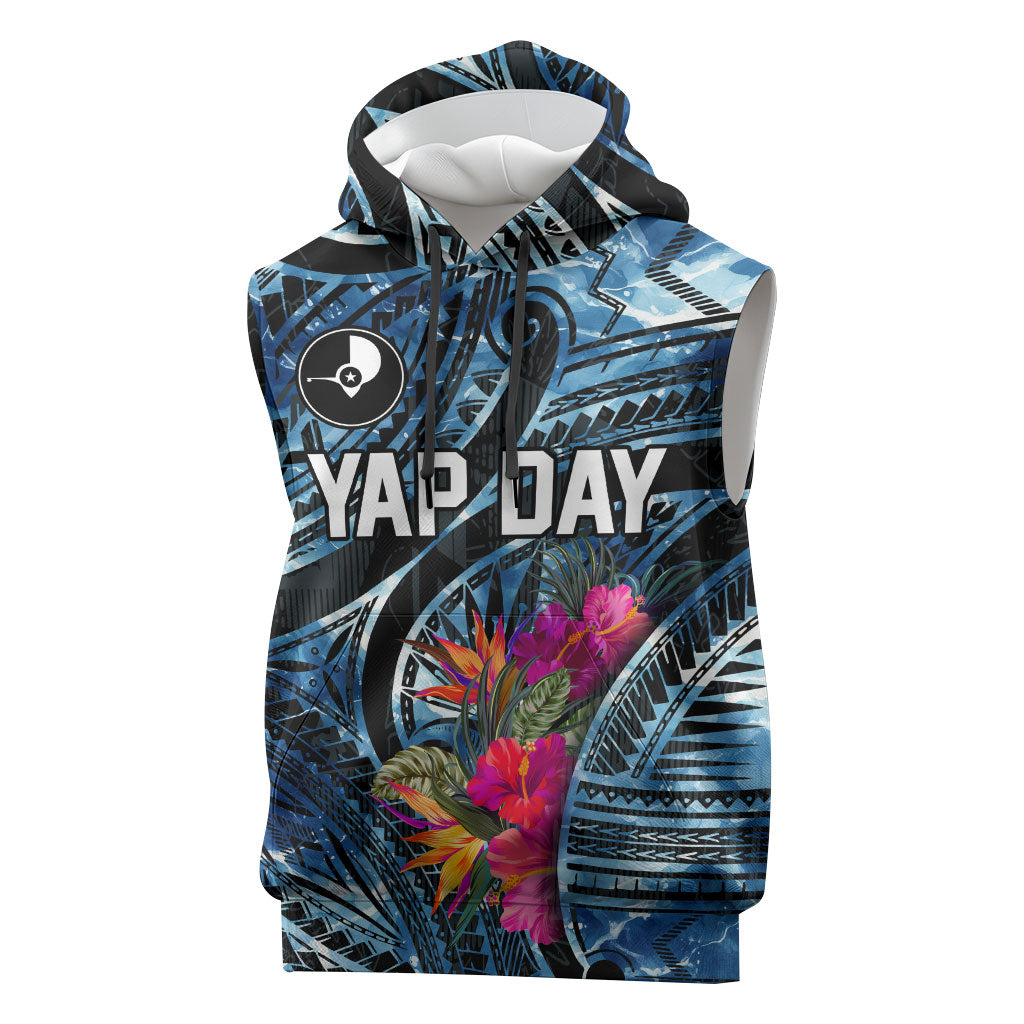 Yap Day Island Floral Tribal Heritage Sleeveless Hoodie Micronesian Hibiscus Pattern Polynesian Tattoo Blue Art TS04 Black Blue - Polynesian Pride