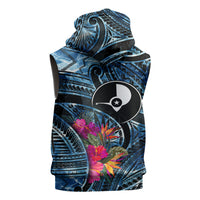 Yap Day Island Floral Tribal Heritage Sleeveless Hoodie Micronesian Hibiscus Pattern Polynesian Tattoo Blue Art