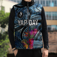 Yap Day Island Floral Tribal Heritage Sleeveless Puffer Jacket Micronesian Hibiscus Pattern Polynesian Tattoo Blue Art