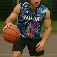 Yap Day Island Floral Tribal Heritage Sleeveless Zip Hoodie Micronesian Hibiscus Pattern Polynesian Tattoo Blue Art