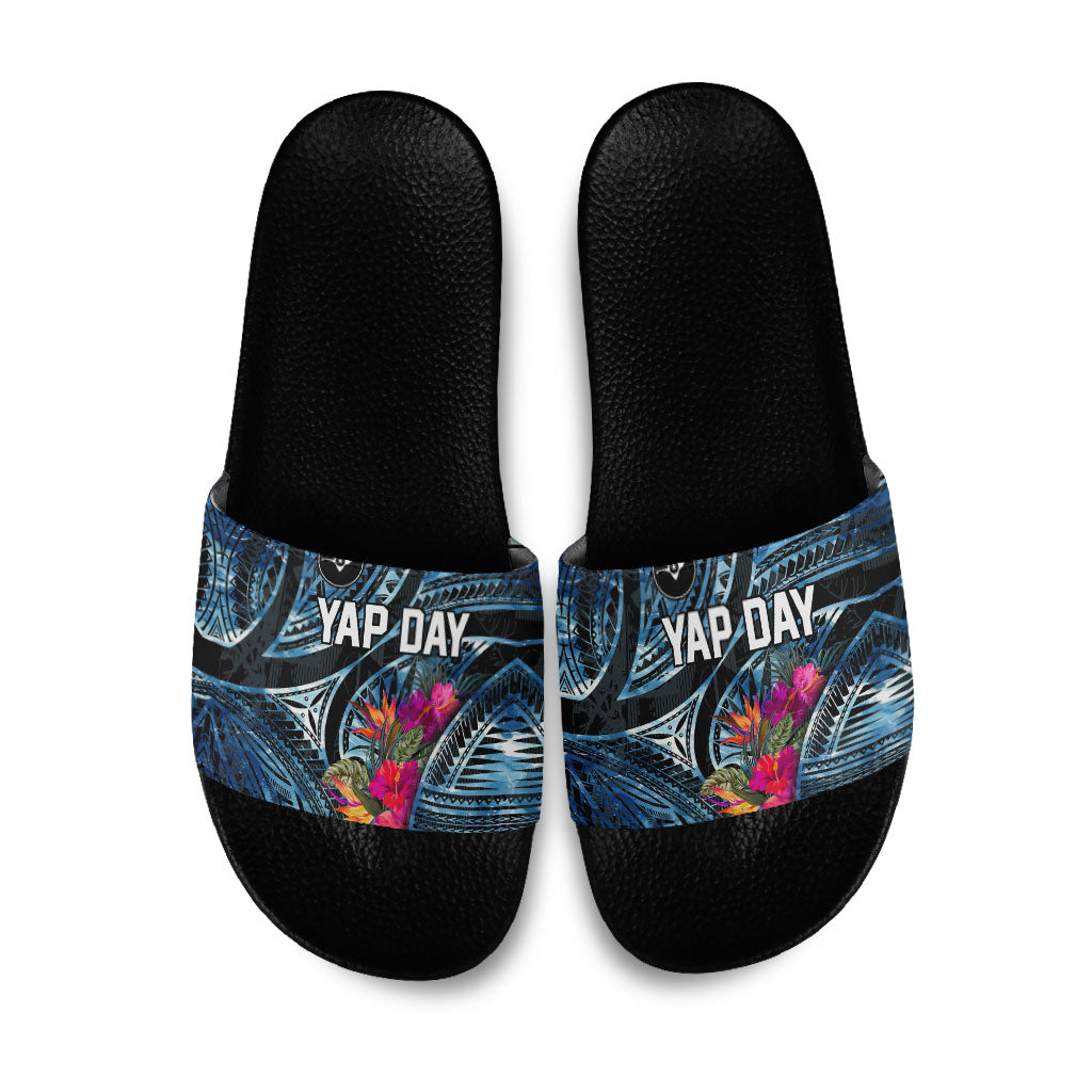 Yap Day Island Floral Tribal Heritage Slide Sandals Micronesian Hibiscus Pattern Polynesian Tattoo Blue Art