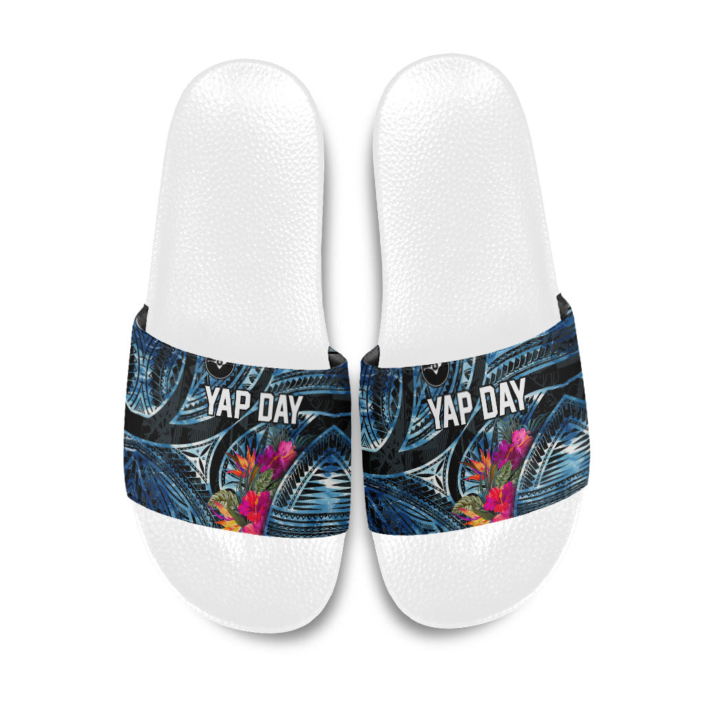 Yap Day Island Floral Tribal Heritage Slide Sandals Micronesian Hibiscus Pattern Polynesian Tattoo Blue Art