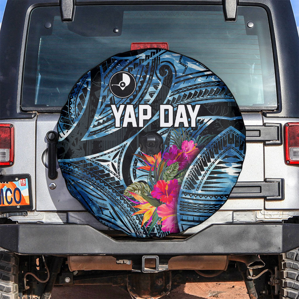 Yap Day Island Floral Tribal Heritage Spare Tire Cover Micronesian Hibiscus Pattern Polynesian Tattoo Blue Art