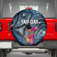 Yap Day Island Floral Tribal Heritage Spare Tire Cover Micronesian Hibiscus Pattern Polynesian Tattoo Blue Art