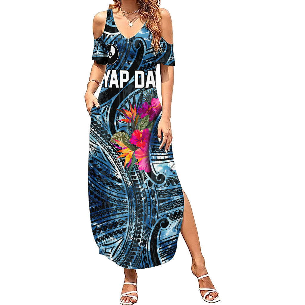 Yap Day Island Floral Tribal Heritage Summer Maxi Dress Micronesian Hibiscus Pattern Polynesian Tattoo Blue Art TS04 Women Black Blue - Polynesian Pride