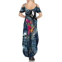 Yap Day Island Floral Tribal Heritage Summer Maxi Dress Micronesian Hibiscus Pattern Polynesian Tattoo Blue Art