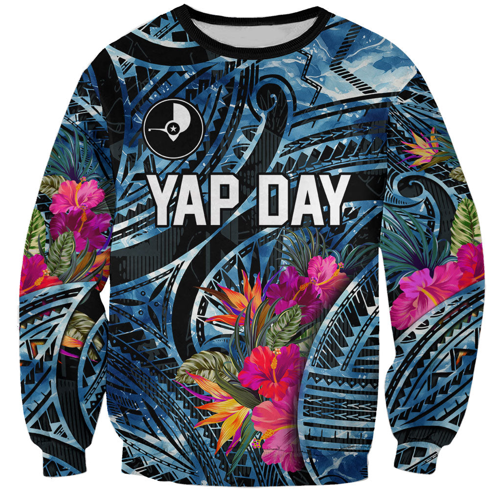 Yap Day Island Floral Tribal Heritage Sweatshirt Micronesian Hibiscus Pattern Polynesian Tattoo Blue Art TS04 Unisex Black Blue - Polynesian Pride