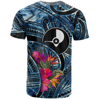 Yap Day Island Floral Tribal Heritage T Shirt Micronesian Hibiscus Pattern Polynesian Tattoo Blue Art