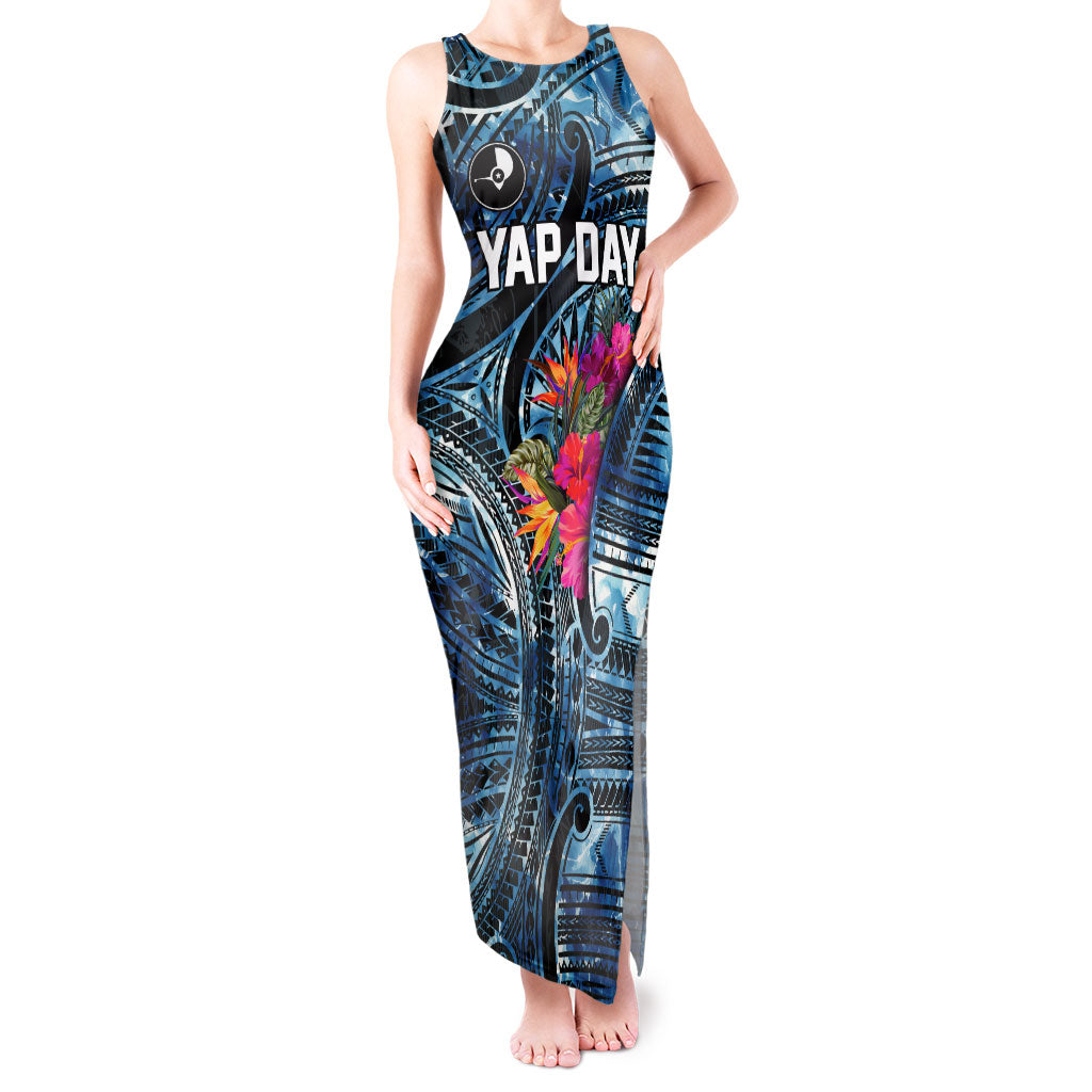Yap Day Island Floral Tribal Heritage Tank Maxi Dress Micronesian Hibiscus Pattern Polynesian Tattoo Blue Art TS04 Women Black Blue - Polynesian Pride