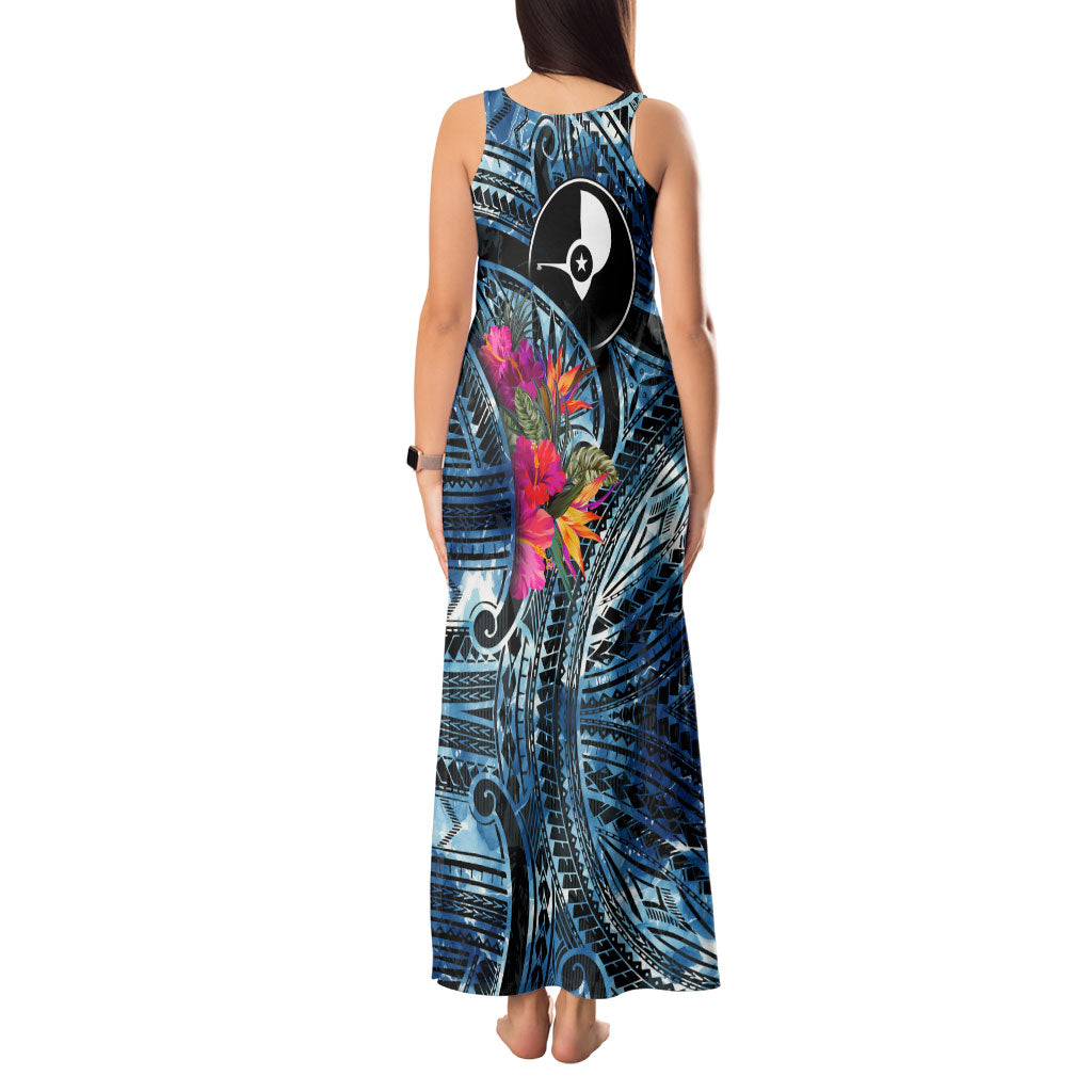 Yap Day Island Floral Tribal Heritage Tank Maxi Dress Micronesian Hibiscus Pattern Polynesian Tattoo Blue Art