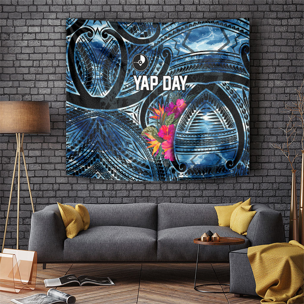 Yap Day Island Floral Tribal Heritage Tapestry Micronesian Hibiscus Pattern Polynesian Tattoo Blue Art