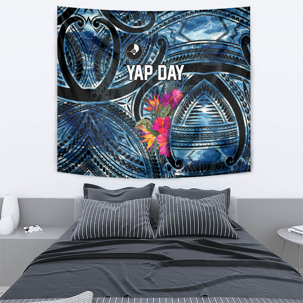 Yap Day Island Floral Tribal Heritage Tapestry Micronesian Hibiscus Pattern Polynesian Tattoo Blue Art