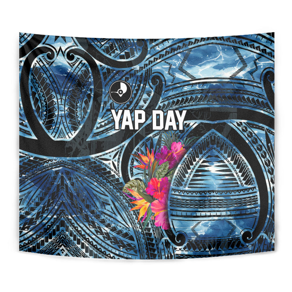 Yap Day Island Floral Tribal Heritage Tapestry Micronesian Hibiscus Pattern Polynesian Tattoo Blue Art