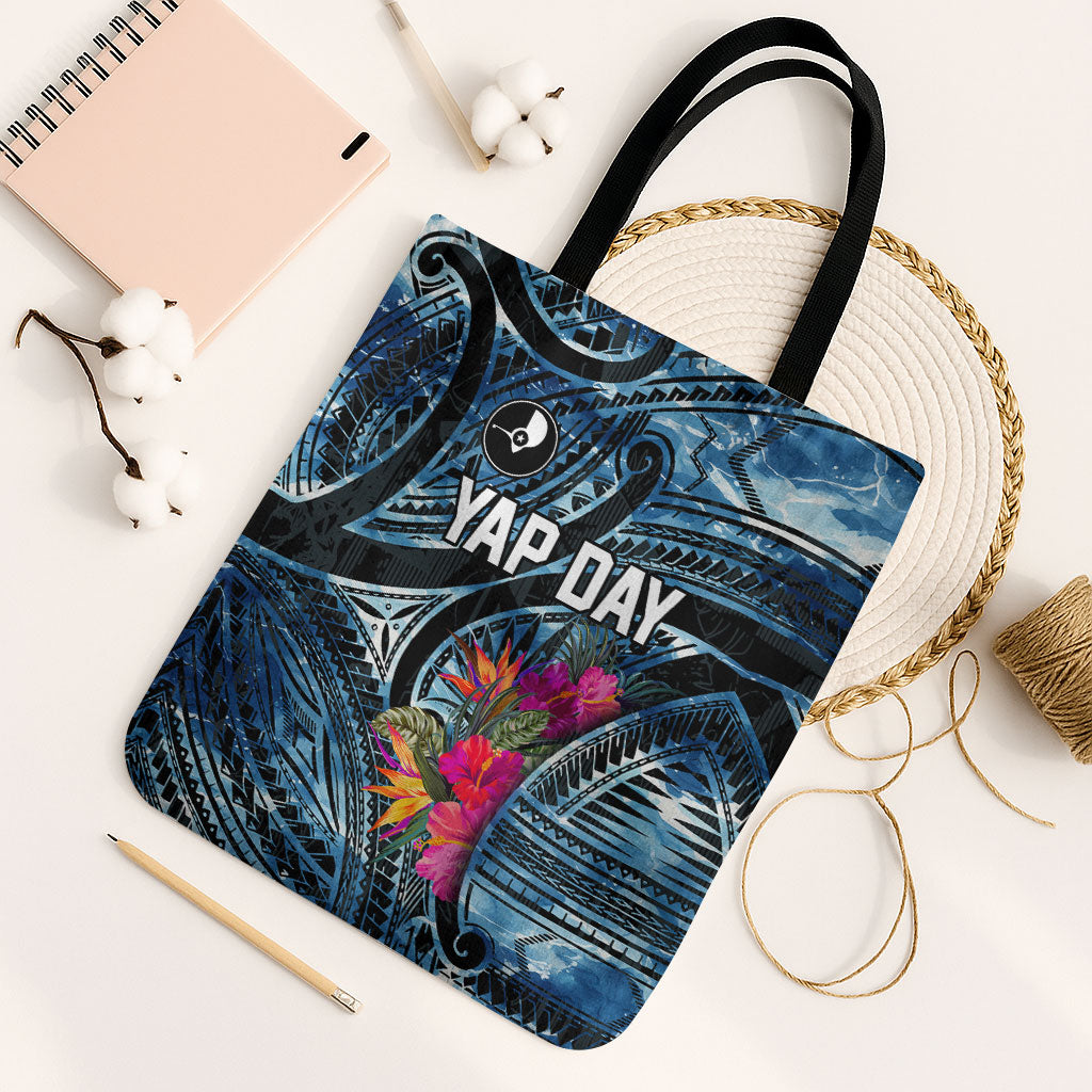 Yap Day Island Floral Tribal Heritage Tote Bag Micronesian Hibiscus Pattern Polynesian Tattoo Blue Art