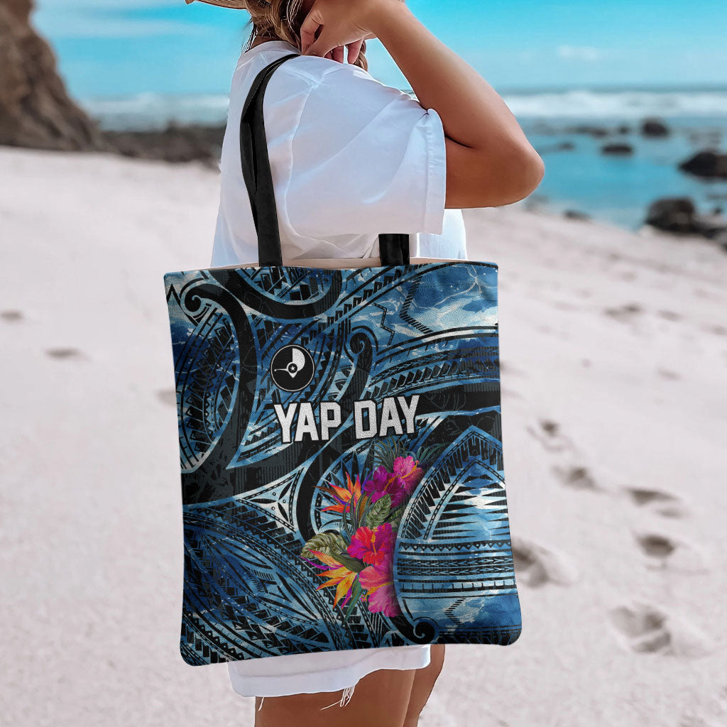 Yap Day Island Floral Tribal Heritage Tote Bag Micronesian Hibiscus Pattern Polynesian Tattoo Blue Art