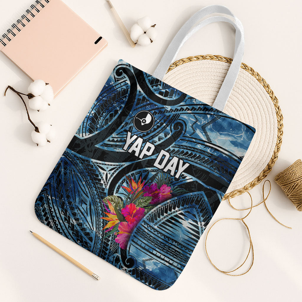 Yap Day Island Floral Tribal Heritage Tote Bag Micronesian Hibiscus Pattern Polynesian Tattoo Blue Art