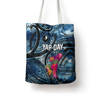 Yap Day Island Floral Tribal Heritage Tote Bag Micronesian Hibiscus Pattern Polynesian Tattoo Blue Art