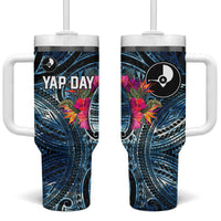 Yap Day Island Floral Tribal Heritage Tumbler With Handle Micronesian Hibiscus Pattern Polynesian Tattoo Blue Art