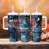 Yap Day Island Floral Tribal Heritage Tumbler With Handle Micronesian Hibiscus Pattern Polynesian Tattoo Blue Art