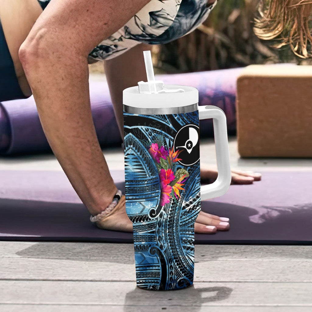 Yap Day Island Floral Tribal Heritage Tumbler With Handle Micronesian Hibiscus Pattern Polynesian Tattoo Blue Art
