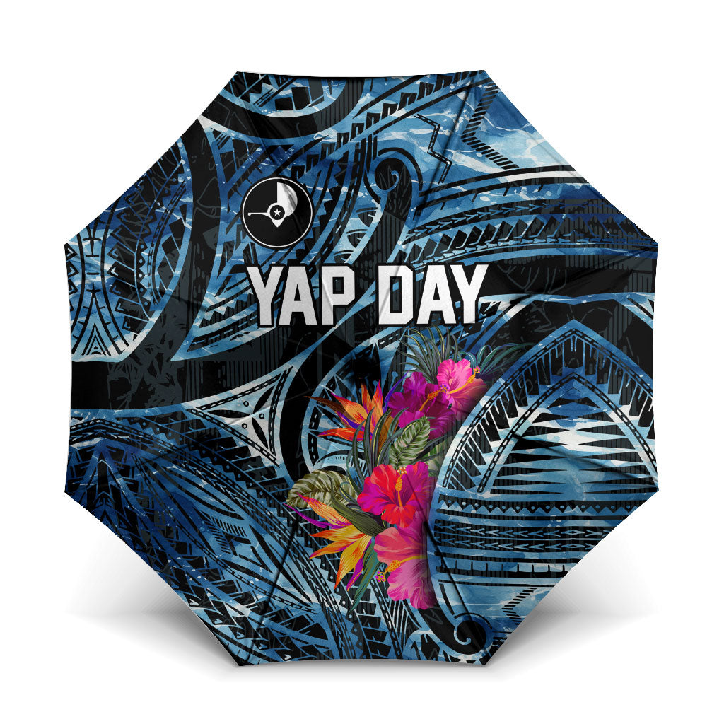 Yap Day Island Floral Tribal Heritage Umbrella Micronesian Hibiscus Pattern Polynesian Tattoo Blue Art