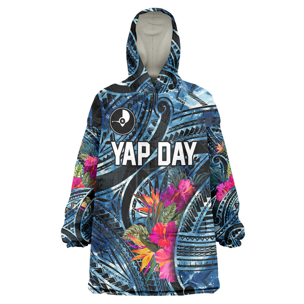 Yap Day Island Floral Tribal Heritage Wearable Blanket Hoodie Micronesian Hibiscus Pattern Polynesian Tattoo Blue Art