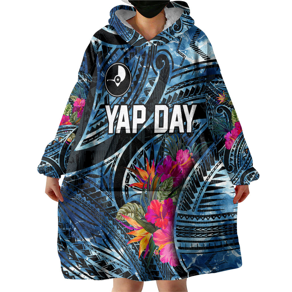 Yap Day Island Floral Tribal Heritage Wearable Blanket Hoodie Micronesian Hibiscus Pattern Polynesian Tattoo Blue Art