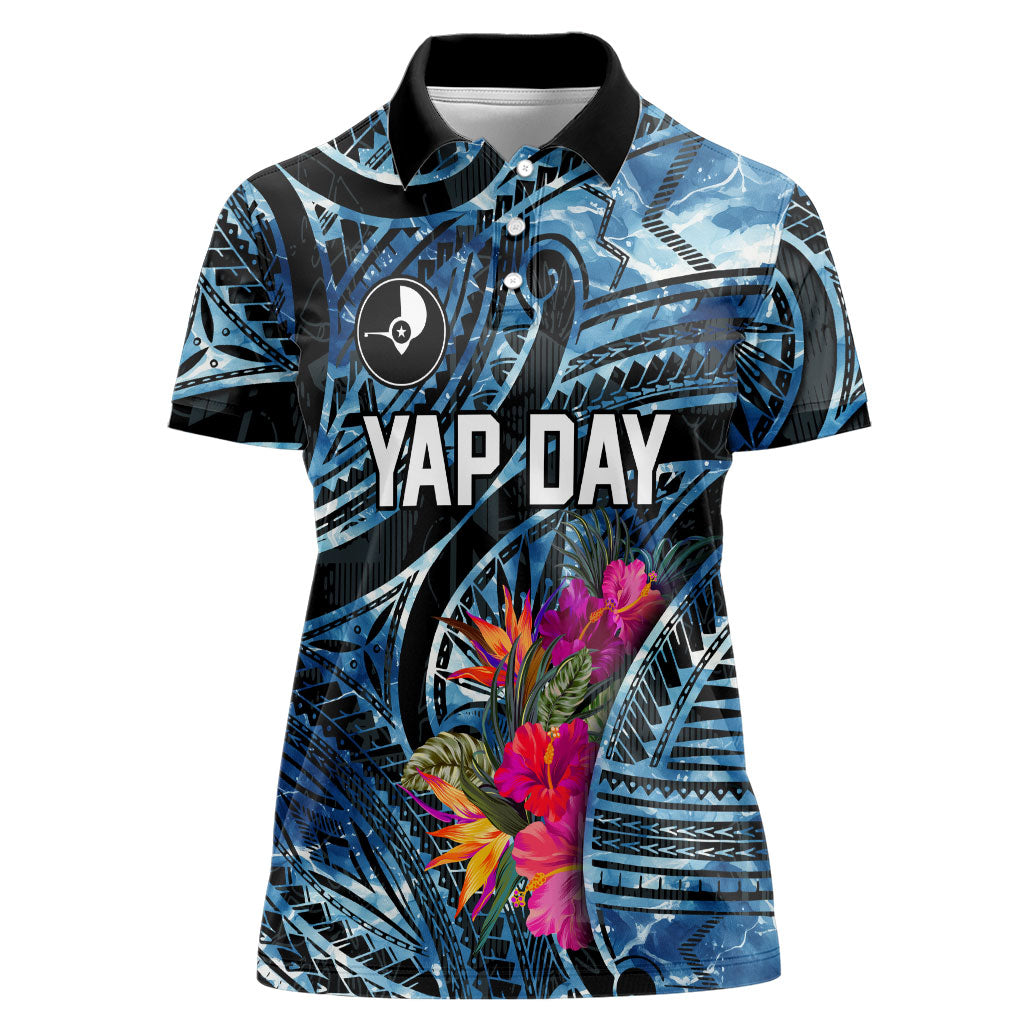 Yap Day Island Floral Tribal Heritage Women Polo Shirt Micronesian Hibiscus Pattern Polynesian Tattoo Blue Art TS04 Female Black Blue - Polynesian Pride